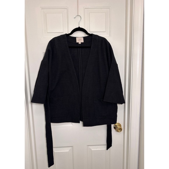 LOFT Sweaters - Ann Taylor LOFT Black Textured Kimono Cardigan Belted Jacket Womens M/L